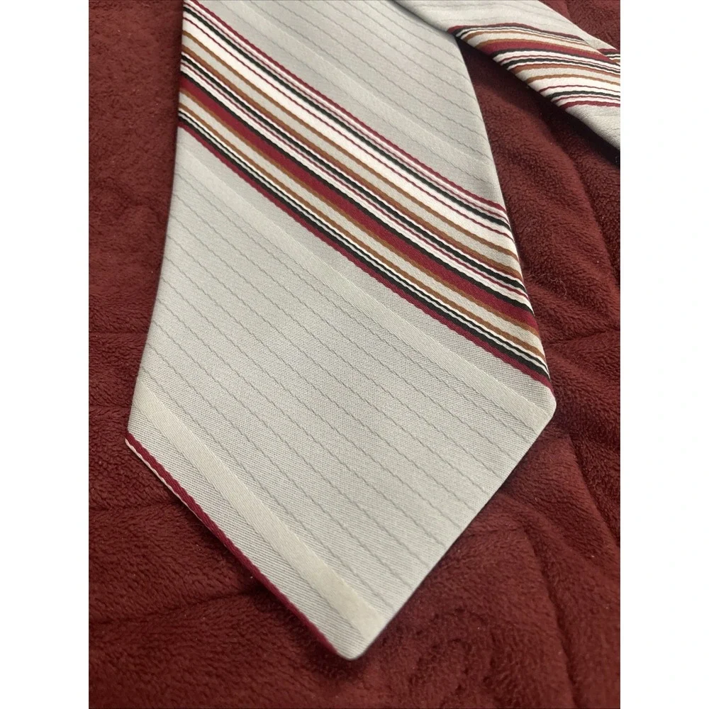 Par Excellence Men's Necktie Tie Polyester Gray W/Maroon & White Stripe Wide Vtg